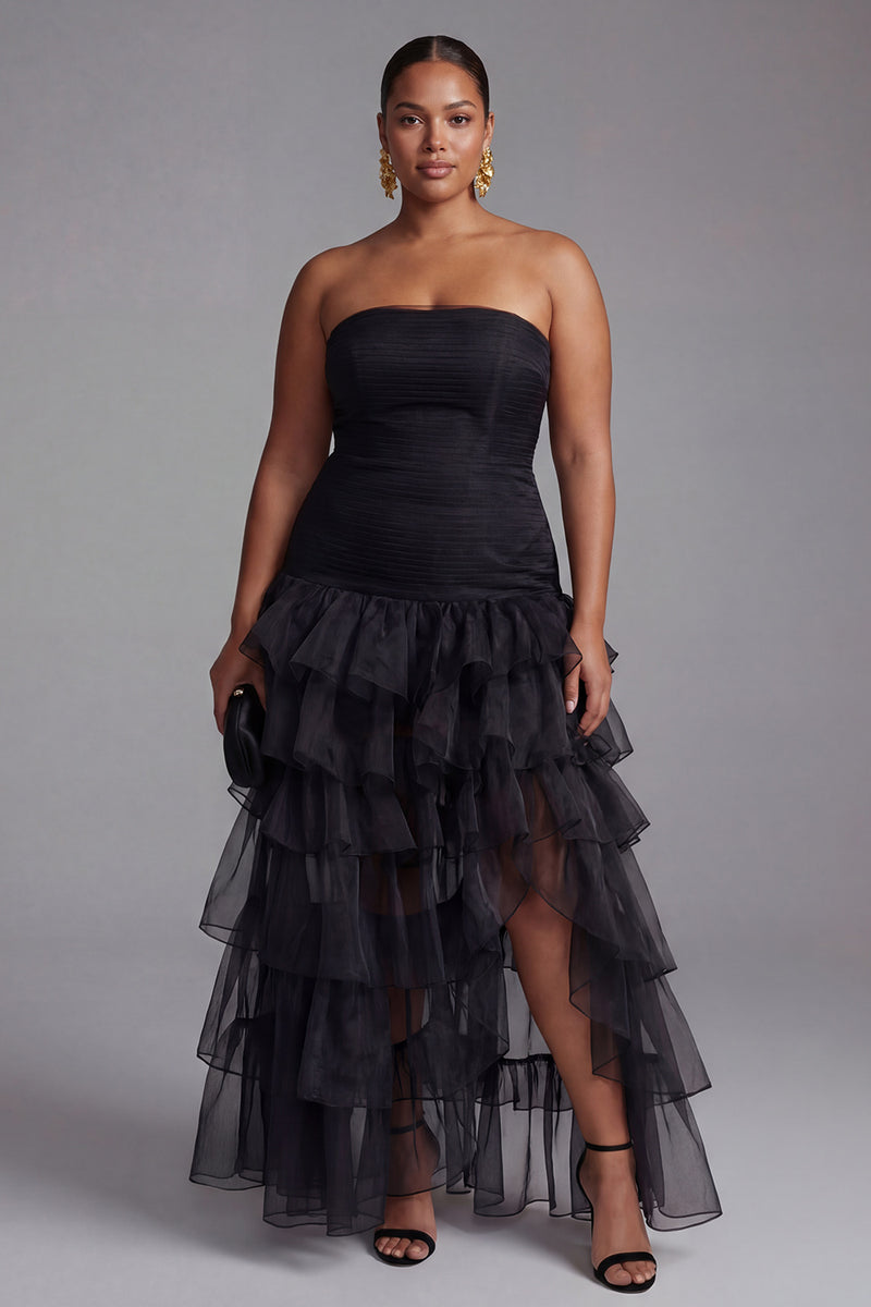 Load image into Gallery viewer, Plus Size Black Organza Strapless Tiered Maxi Formal Dress