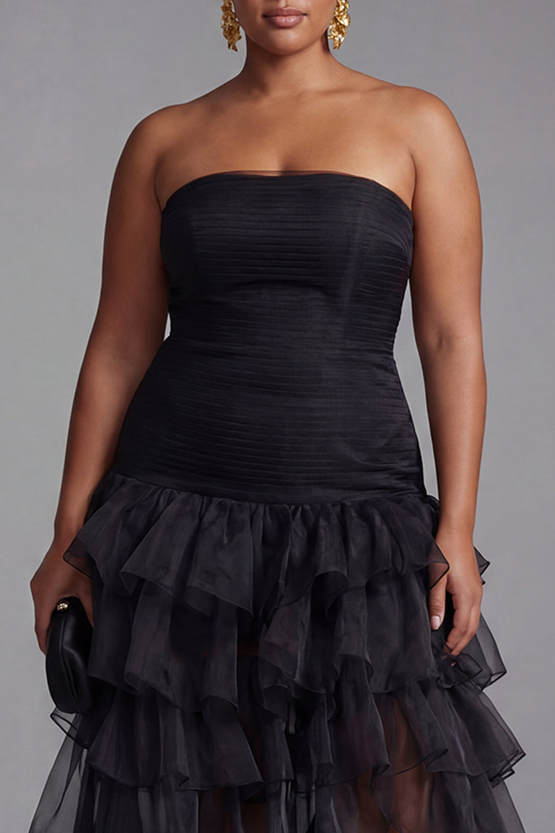 Load image into Gallery viewer, Plus Size Black Organza Strapless Tiered Maxi Formal Dress