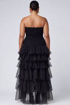 Plus Size Black Organza Strapless Tiered Maxi Formal Dress