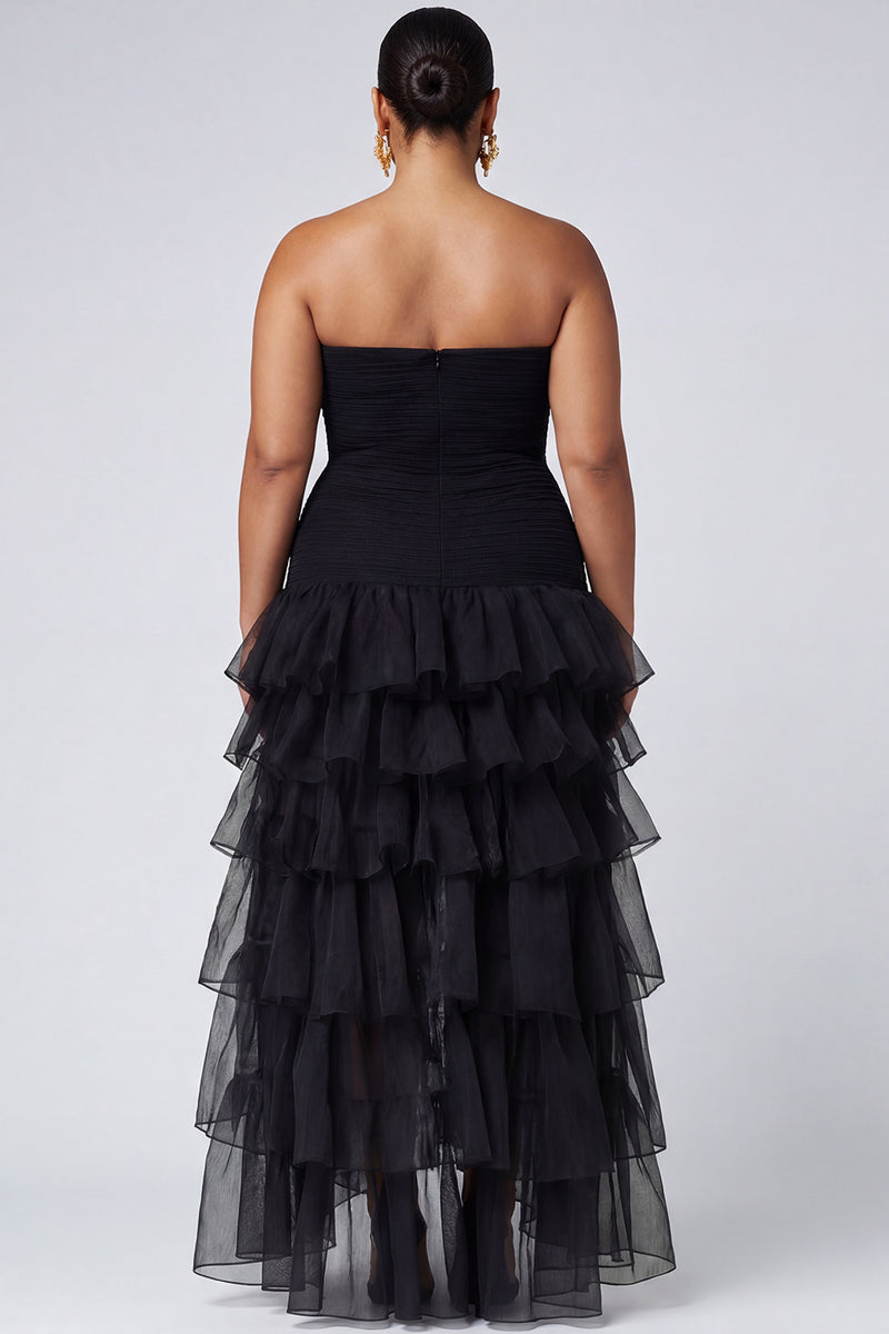 Load image into Gallery viewer, Plus Size Black Organza Strapless Tiered Maxi Formal Dress