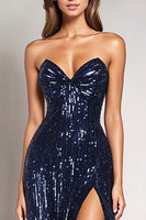 Load image into Gallery viewer, Sparkly Navy Strapless Mermaid Long Formal Dress with Slit