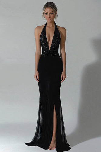 Women Sparkly Black Formal Dress with Slit Sheath V-Neck Long Gala Dress with Lace