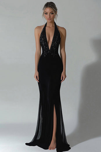 Women Sparkly Black Formal Dress with Slit Sheath V-Neck Long Gala Dress with Lace
