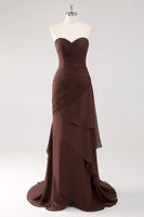Load image into Gallery viewer, Dark Brown Sweetheart Sheath Ruffles Chiffon Long Formal Dress