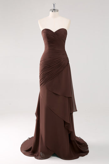 Dark Brown Sweetheart Sheath Ruffles Chiffon Long Formal Dress