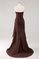 Load image into Gallery viewer, Dark Brown Sweetheart Sheath Ruffles Chiffon Long Formal Dress