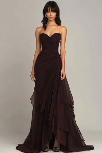 Women Dark Brown Chiffon Formal Dress Sheath Sweetheart Tiered Ruched Long Evening Dress