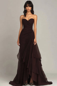 Women Fuchsia Chiffon Formal Dress Sheath Sweetheart Tiered Wedding Guest Dress Strapless Ruched Long Black Tie Dress