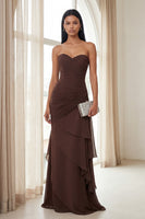 Load image into Gallery viewer, Chiffon Dark Brown Strapless Tiered Long Sheath Formal Dress