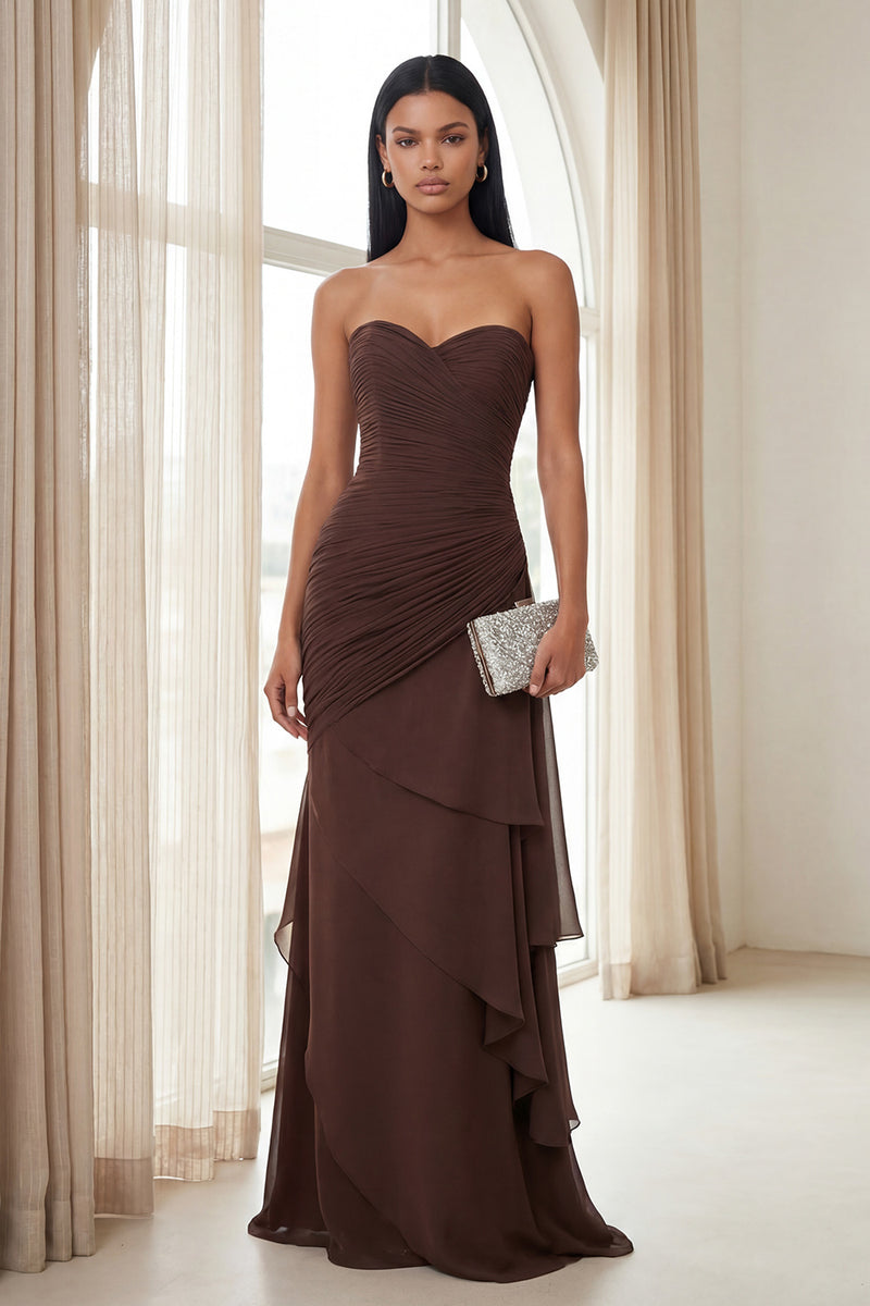 Load image into Gallery viewer, Chiffon Dark Brown Strapless Tiered Long Sheath Formal Dress