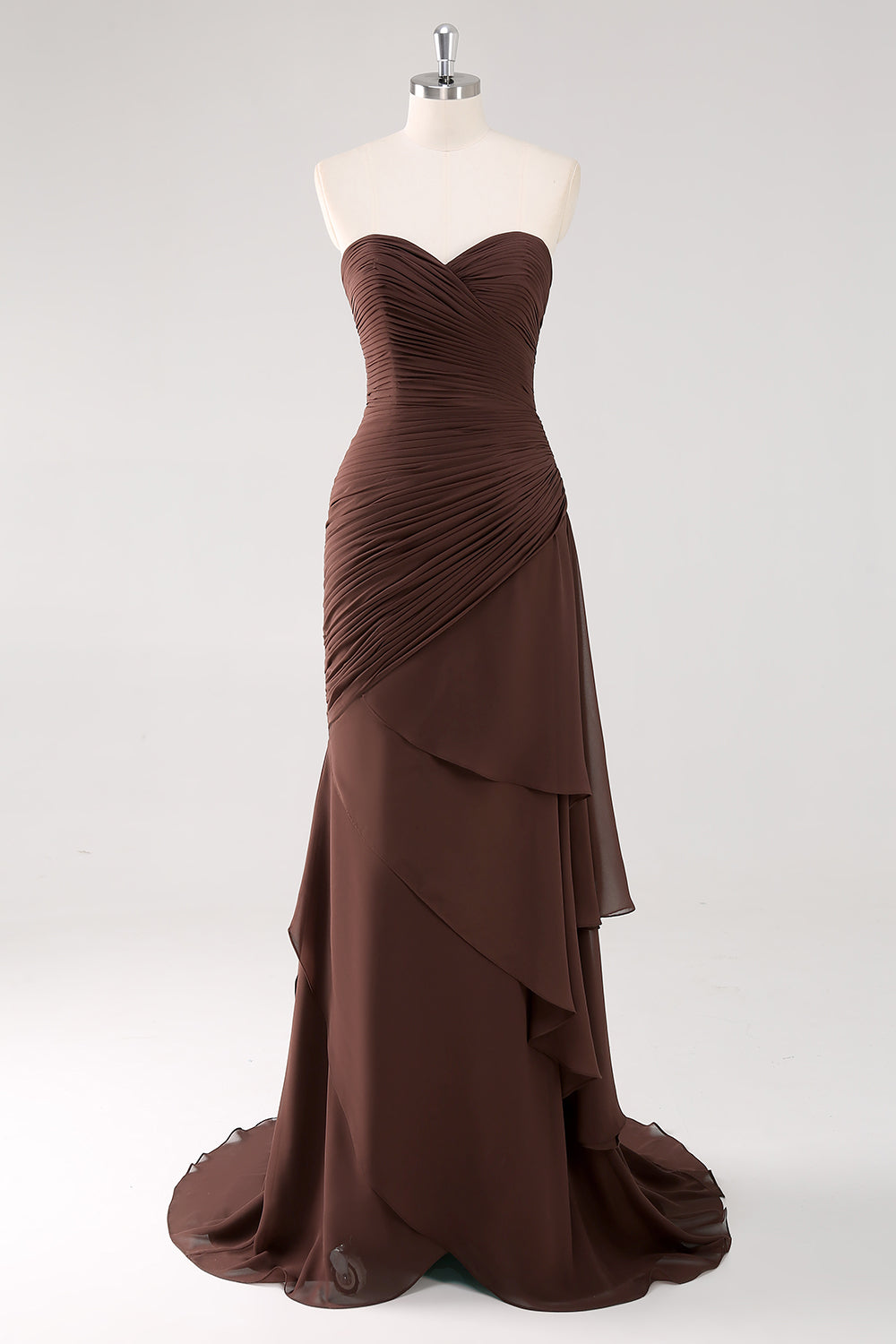 Women Dark Brown Sheath Chiffon Formal Dress Strapless Sweetheart Black Tie Dress Tiered Ruched Long Evening Dress