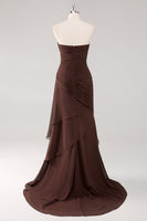 Load image into Gallery viewer, Chiffon Dark Brown Strapless Tiered Long Sheath Formal Dress