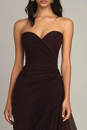 Chiffon Dark Brown Strapless Tiered Long Sheath Formal Dress