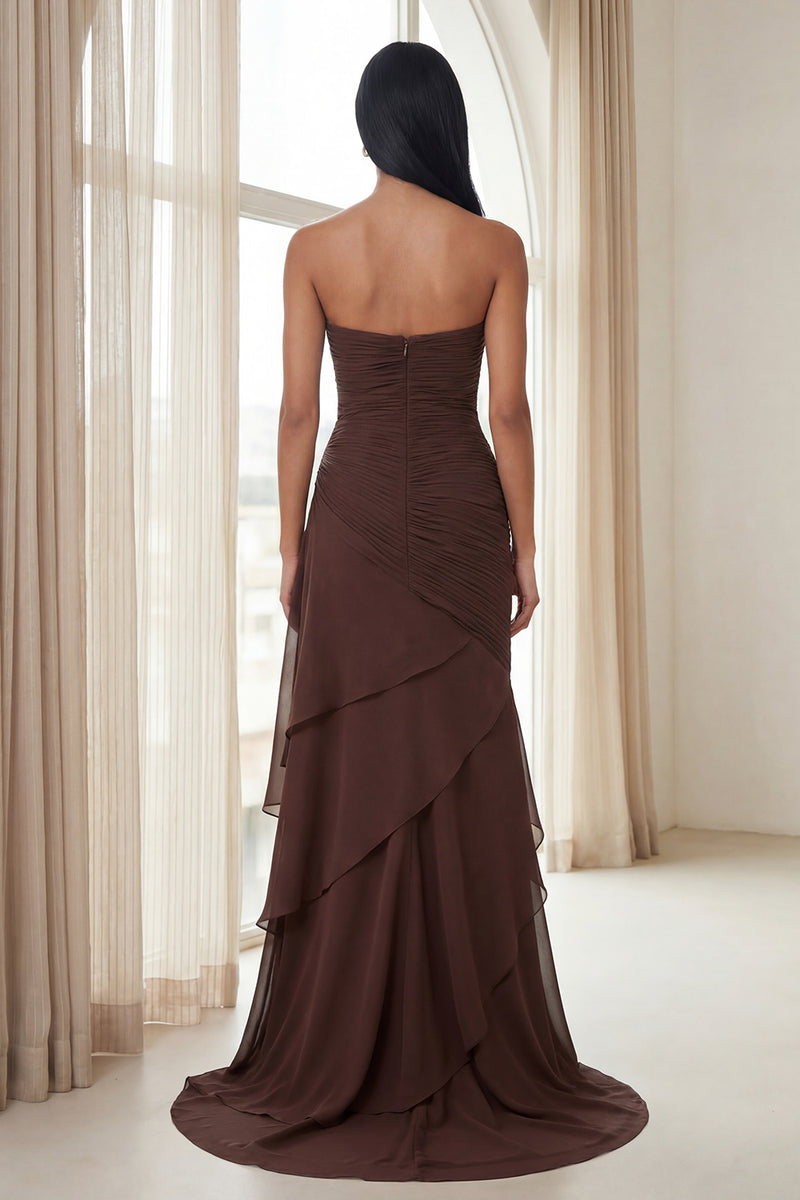 Dark Brown Sweetheart Sheath Ruffles Chiffon Long Formal Dress