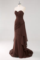 Load image into Gallery viewer, Chiffon Dark Brown Strapless Tiered Long Sheath Formal Dress