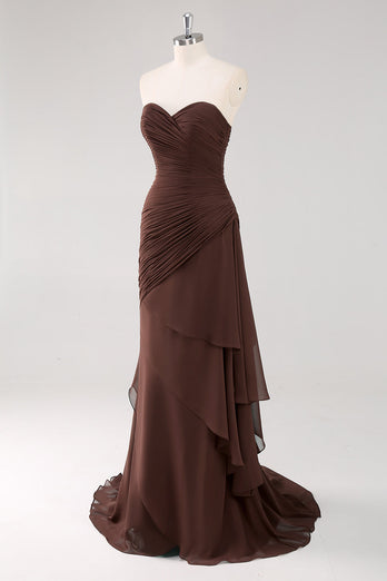 Chiffon Dark Brown Strapless Tiered Long Sheath Formal Dress