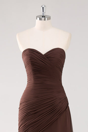 Chiffon Dark Brown Strapless Tiered Long Sheath Formal Dress
