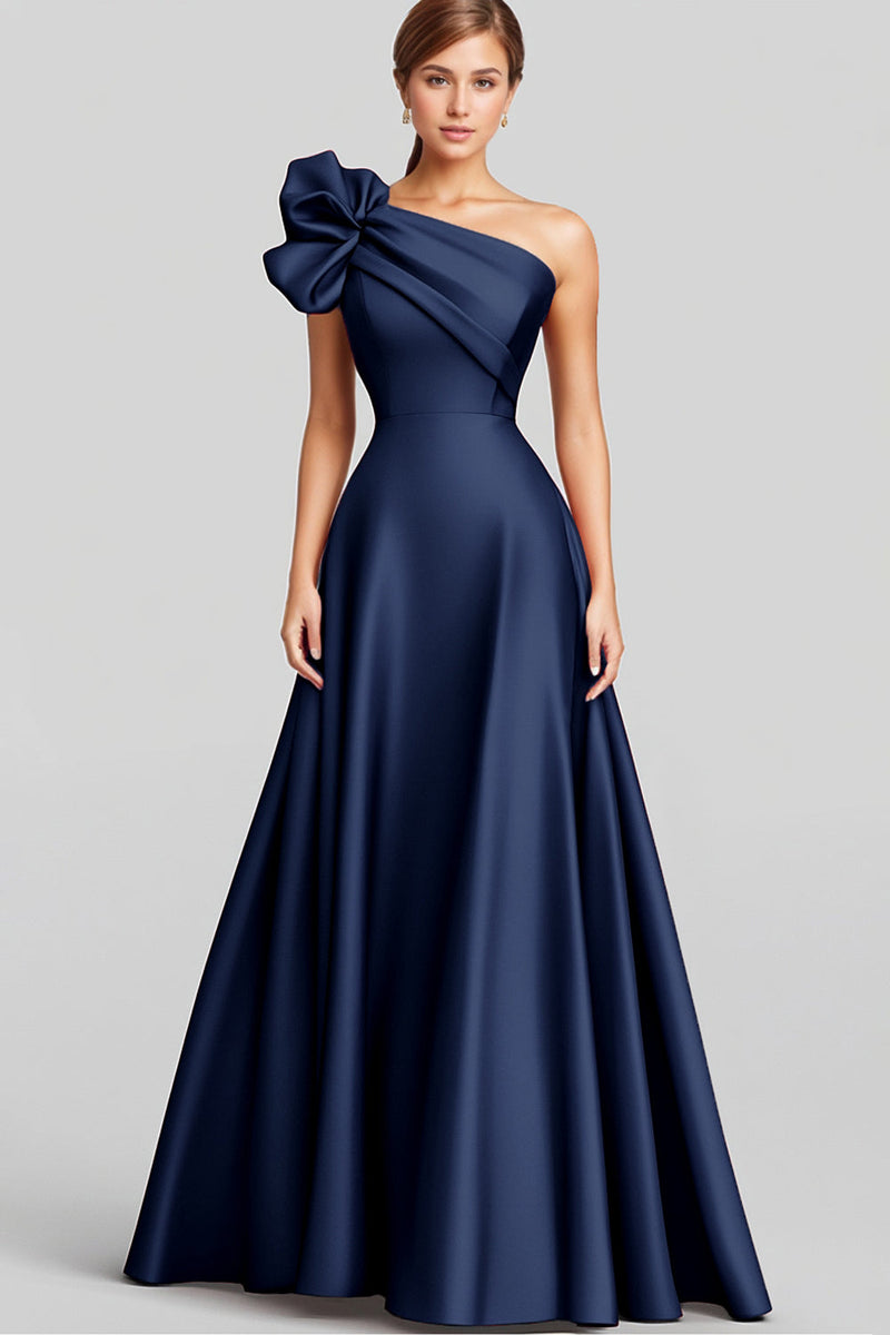 Queendancer Women Elegant Navy Satin Formal Dress A Line One Shoulder ...