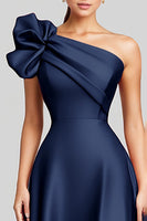 Load image into Gallery viewer, Navy One Shoulder A Line Satin Long Formal Dress