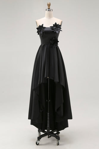 Black Satin Asymmetrical Formal Dress with 3D Flowers