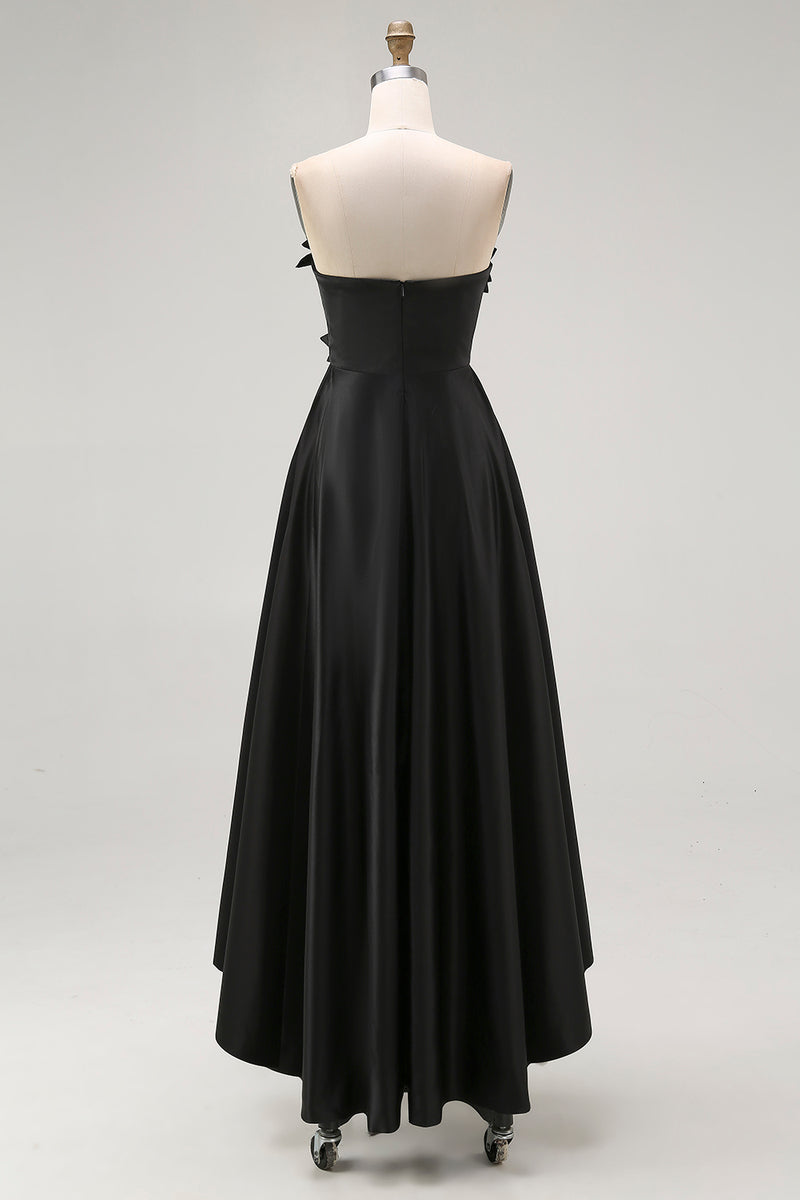 Load image into Gallery viewer, Black Asymmetrical Satin Long Formal Dress with 3D Flowers