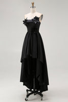 Load image into Gallery viewer, Black Satin Asymmetrical Formal Dress with 3D Flowers