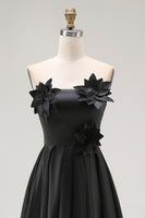 Load image into Gallery viewer, Black Satin Asymmetrical Formal Dress with 3D Flowers