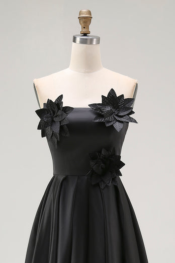 Black Satin Asymmetrical Formal Dress with 3D Flowers