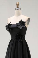 Load image into Gallery viewer, Black Satin Asymmetrical Formal Dress with 3D Flowers