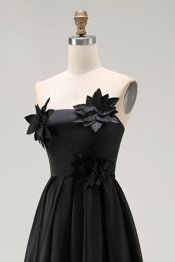 Black Satin Asymmetrical Formal Dress with 3D Flowers