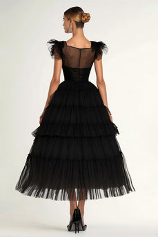 Black Tulle A Line Tiered Long Formal Dress
