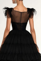 Load image into Gallery viewer, Black Tulle A Line Tiered Long Formal Dress
