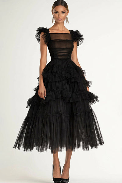Women Black Tulle Formal Dress A Line Tiered Sqare Neck Tea Length Long Prom Dress