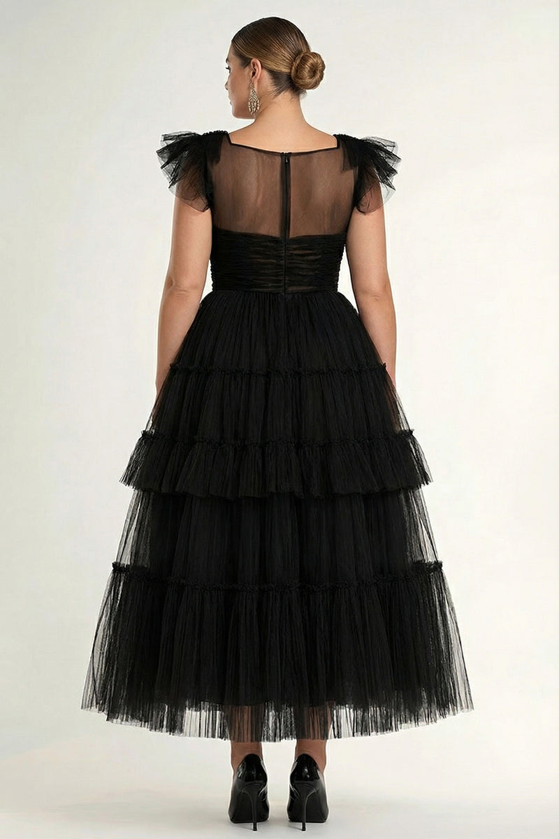Load image into Gallery viewer, Black Tulle A Line Tiered Long Formal Dress