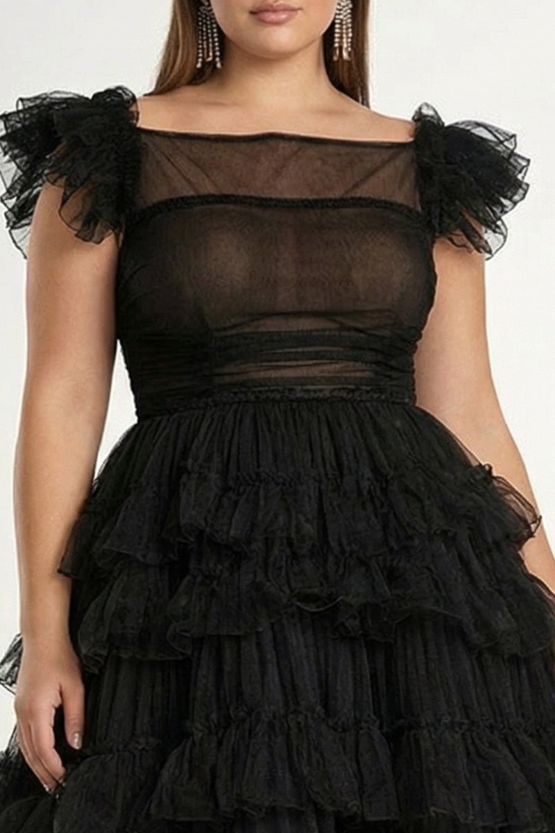 Load image into Gallery viewer, Plus Size Black A Line Tulle Tiered Long Formal Dress