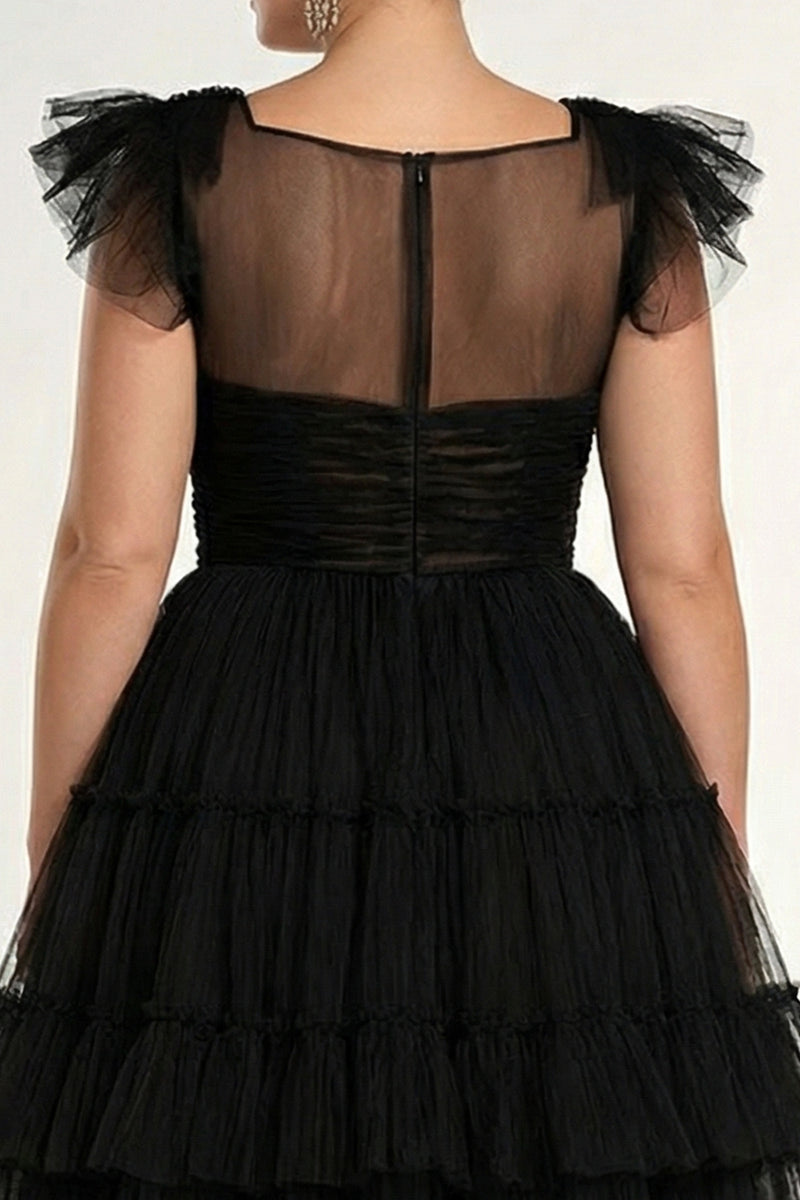 Load image into Gallery viewer, Plus Size Black A Line Tulle Tiered Long Formal Dress