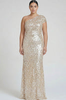 Load image into Gallery viewer, Plus Size Sparkly Champagne One Shoulder Sequins Long Formal Dress