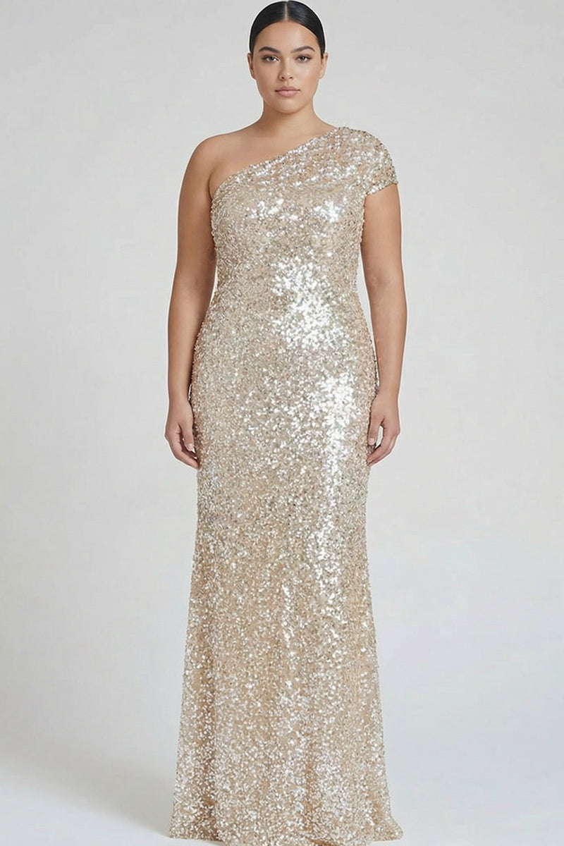 Load image into Gallery viewer, Plus Size Sparkly Champagne One Shoulder Sequins Long Formal Dress