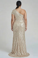 Load image into Gallery viewer, Plus Size Sparkly Champagne One Shoulder Sequins Long Formal Dress