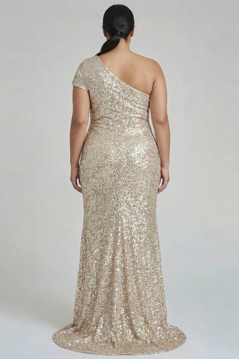 Load image into Gallery viewer, Plus Size Sparkly Champagne One Shoulder Sequins Long Formal Dress