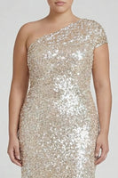 Load image into Gallery viewer, Plus Size Sparkly Champagne One Shoulder Sequins Long Formal Dress
