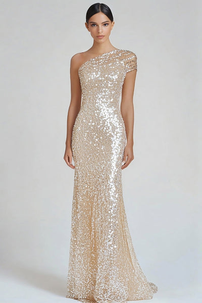 Women Sparkly Champagne Sequin Formal Dress Mermaid One Shoulder Sweep Train Long Prom Dress