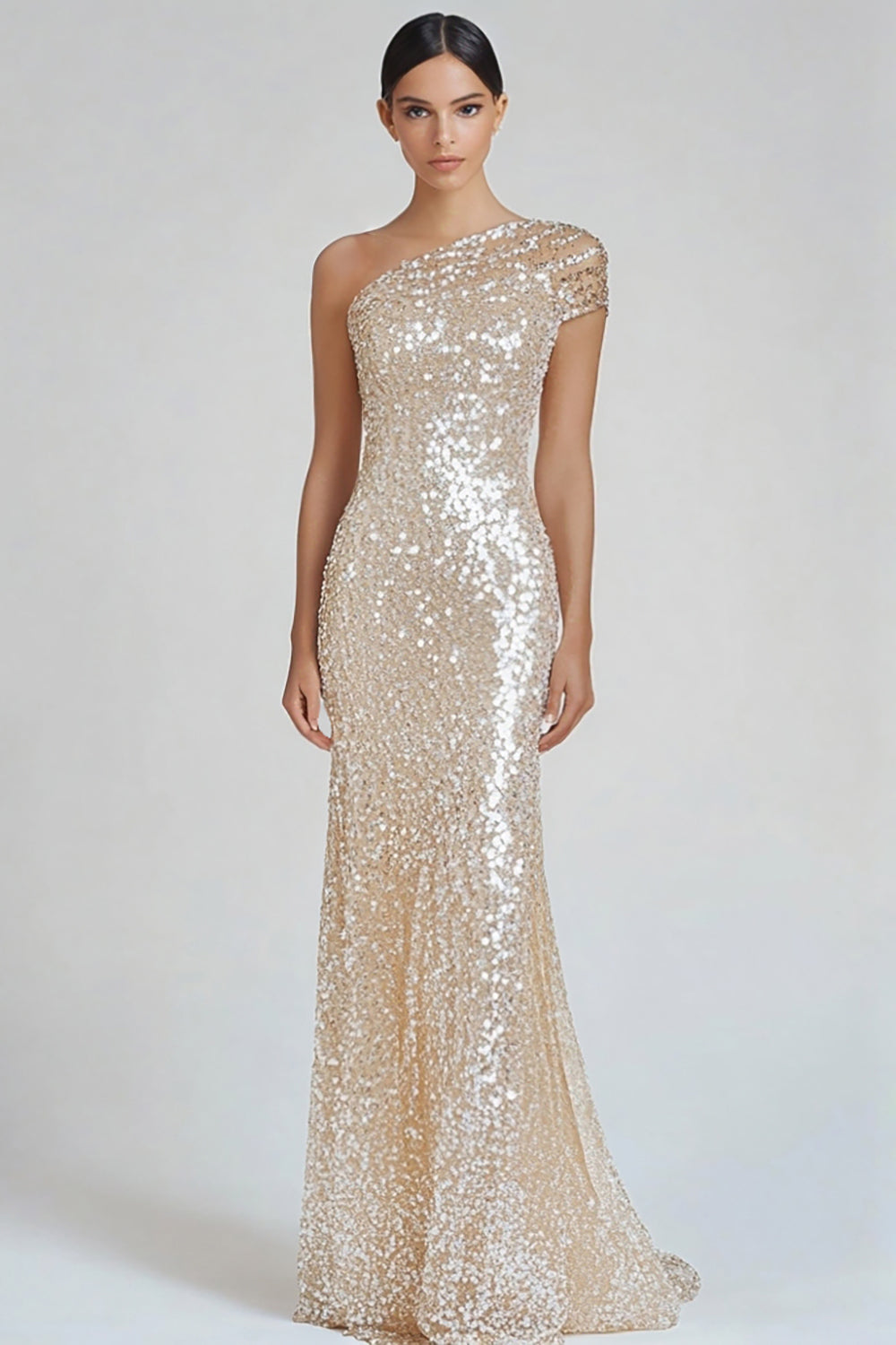 Women Sparkly Champagne Sequin Formal Dress Mermaid One Shoulder Sweep Train Long Prom Dress