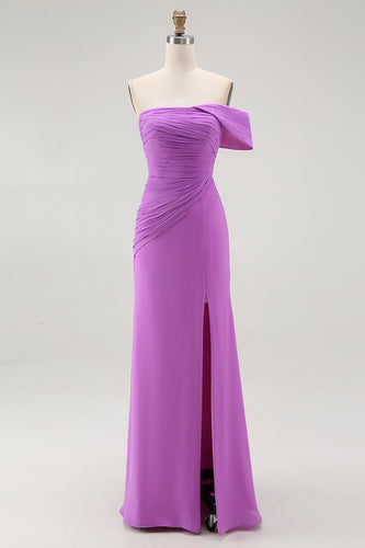 Purple Off the Shoulder Chiffon Ruched Maxi Formal Dress with Slit