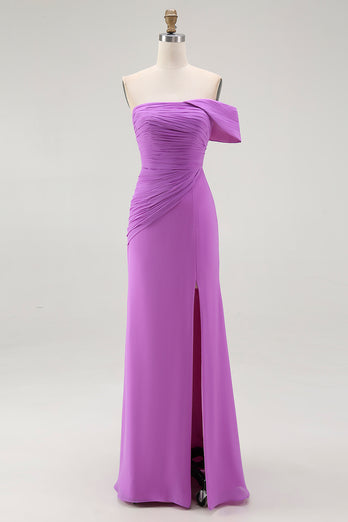 Purple Off the Shoulder Chiffon Ruched Maxi Formal Dress with Slit