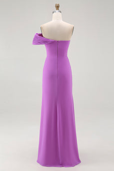 Purple Off the Shoulder Chiffon Ruched Maxi Formal Dress with Slit