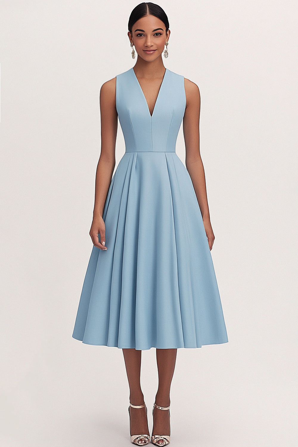 Blue A Line V-Neck Satin Long Formal Dress