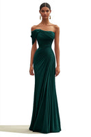 Load image into Gallery viewer, Women Dark Green Chiffon Long Formal Dress Mermaid Off the Shoulder Pleated Prom Dress