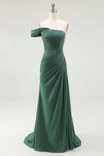 Dark Green Off the Shoulder Chiffon Long Formal Dress with Full Pleated