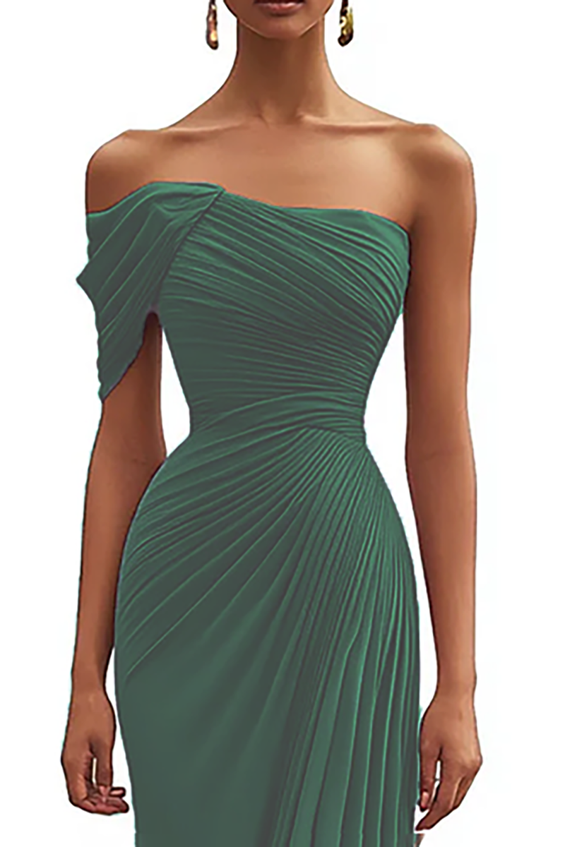 Load image into Gallery viewer, Dark Green Chiffon Off the Shoulder Long Formal Dress with Full Pleated
